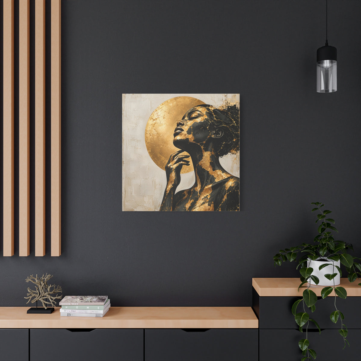 Crowned in Light — Modern Black & Gold Woman Portrait
