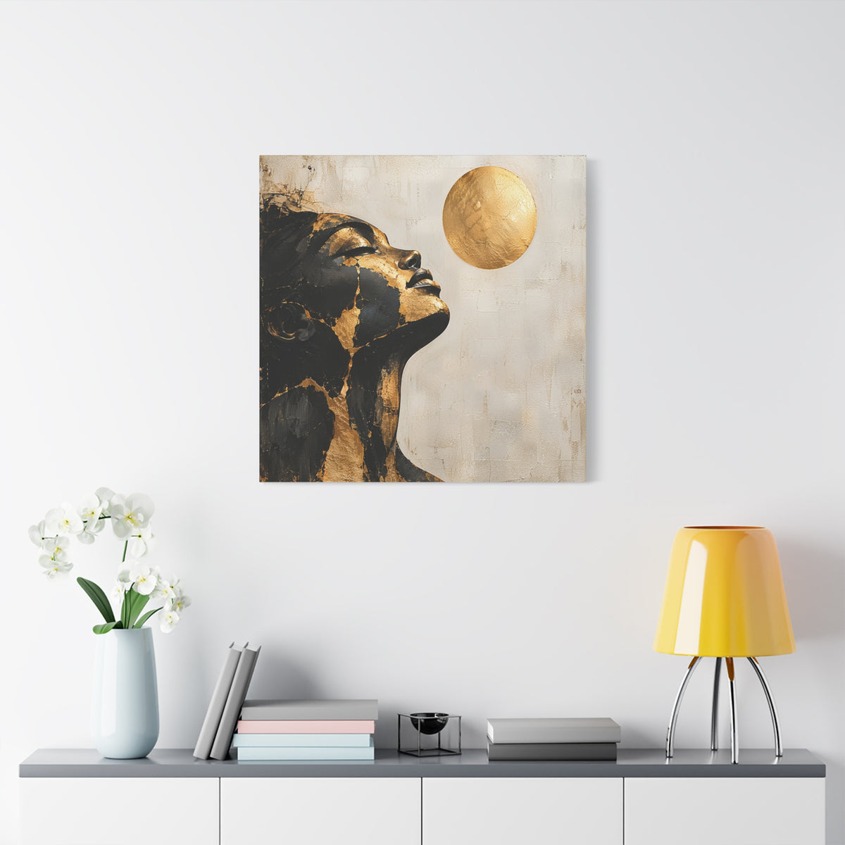 Golden Stillness — Modern Black & Gold Woman Portrait