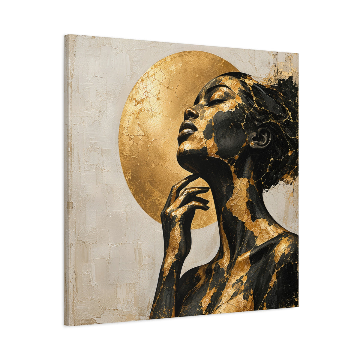 Crowned in Light — Modern Black & Gold Woman Portrait