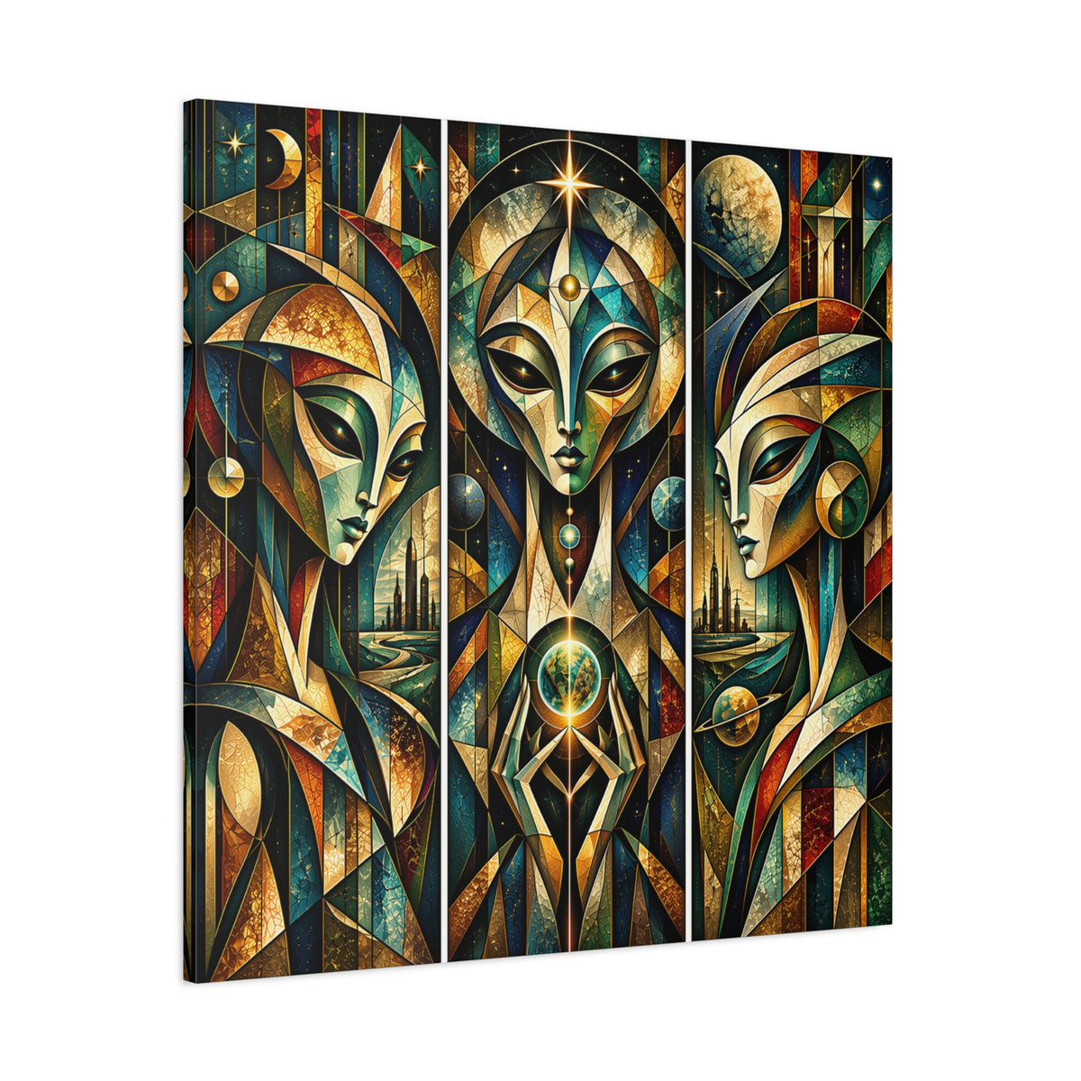 Keepers of the Celestial Gate — Futuristic Geometric Triptych Wall Art