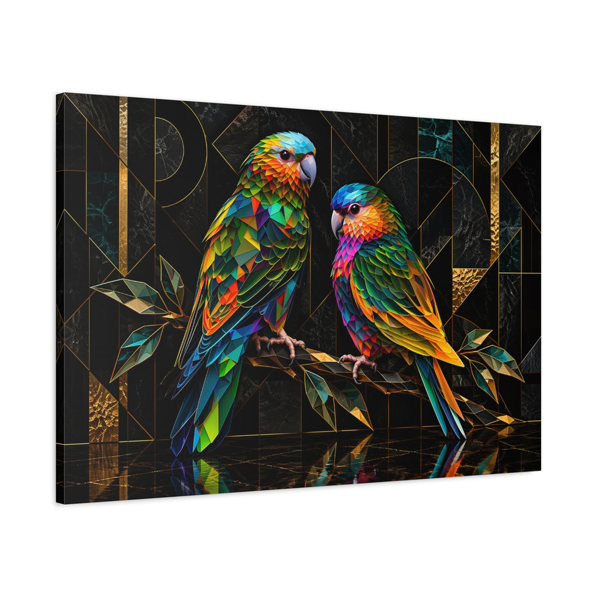 Prismatic Perch — Geometric Parrot Duo Wall Art