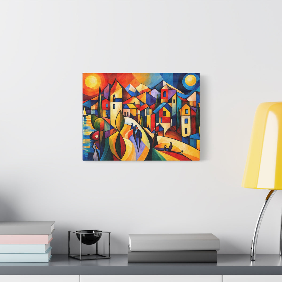 Village Between Sun & Moon — Colorful Cubist Coastal Landscape