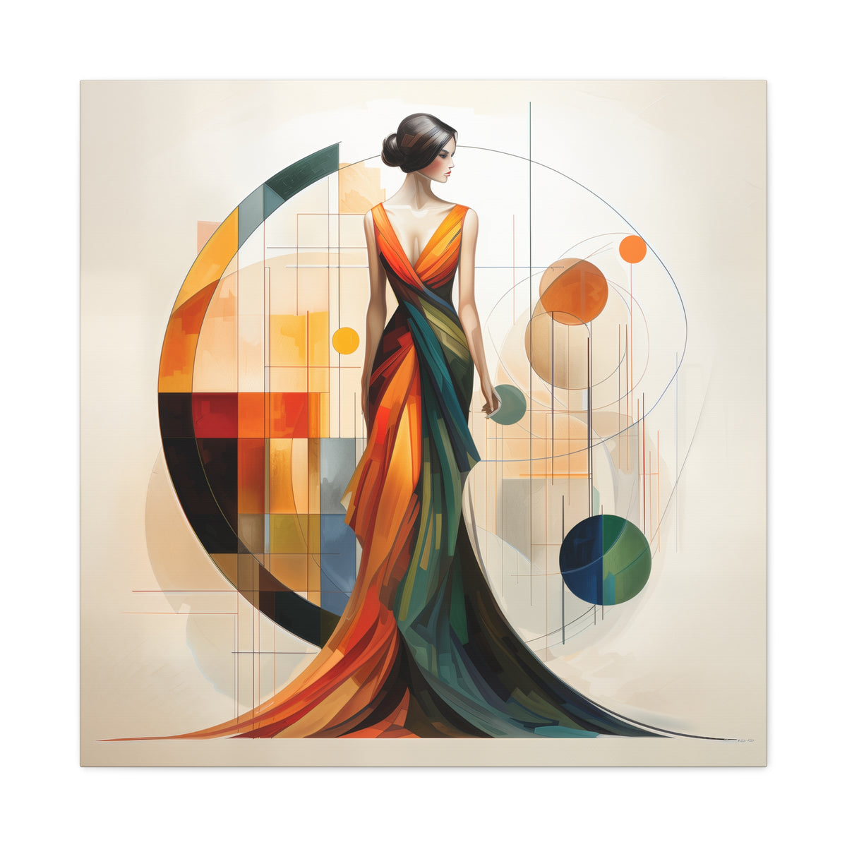 Chromatic Elegance — Abstract Geometric Fashion Portrait in a Flowing Couture Gown