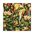 Art Deco stained-glass style green frog seated amid luminous lotus blossoms, with geometric black, gold, cream and red accents