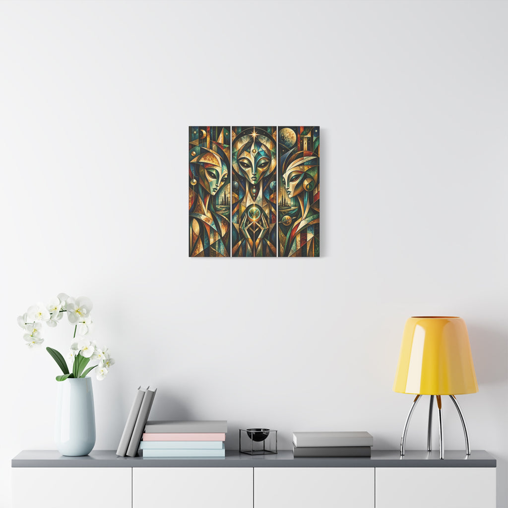 Keepers of the Celestial Gate — Futuristic Geometric Triptych Wall Art