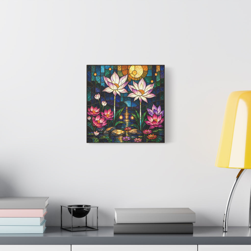 Moonlit Lotus Sanctuary — Stained Glass Floral Garden Wall Art