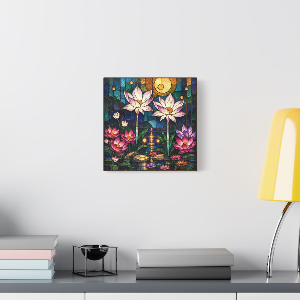 Moonlit Lotus Sanctuary — Stained Glass Floral Garden Wall Art