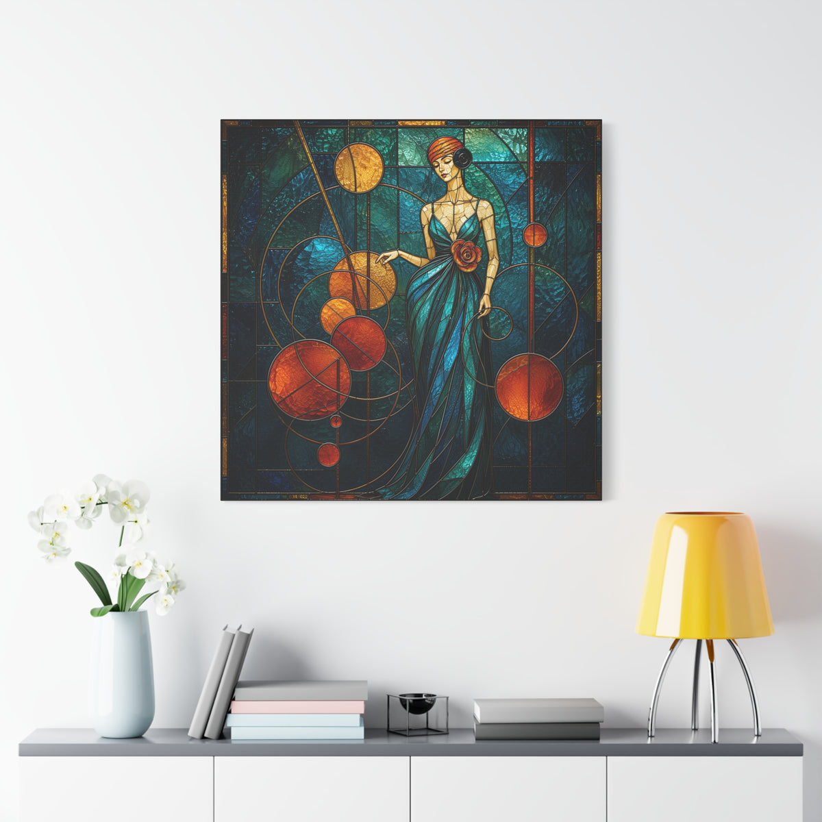 Orbit of Elegance — Art Deco Stained Glass Woman Wall Art