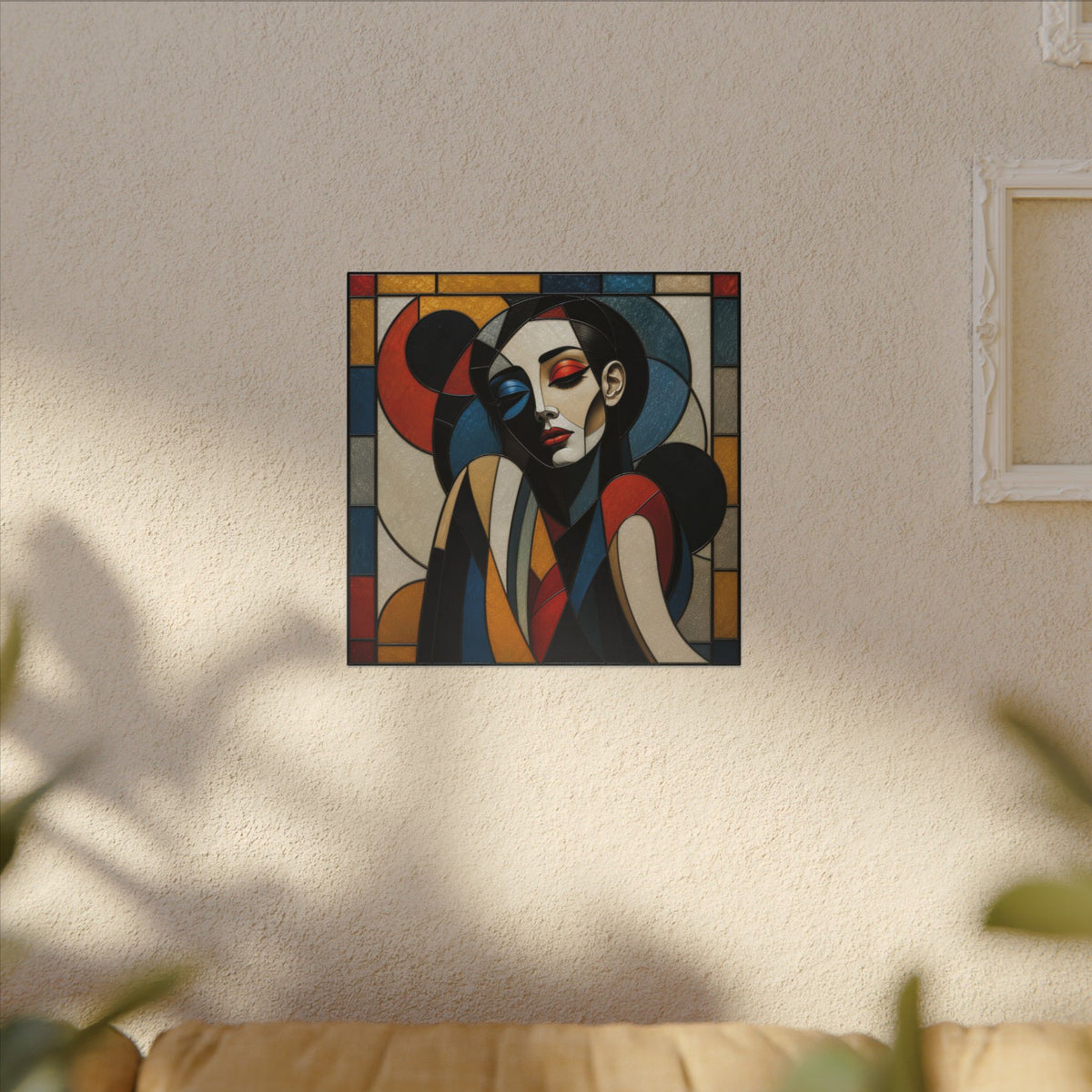 Split Between Colors – Geometric Stained Glass Woman Portrait Canvas Print
