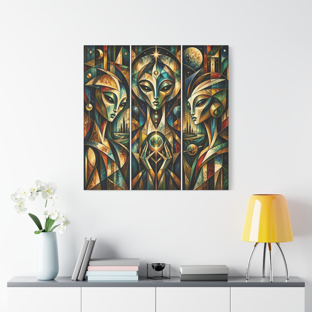 Keepers of the Celestial Gate — Futuristic Geometric Triptych Wall Art