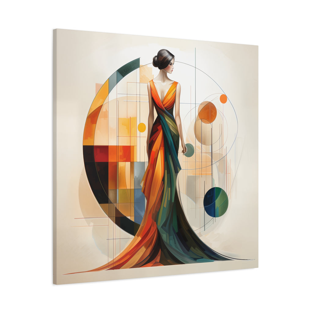 Chromatic Elegance — Abstract Geometric Fashion Portrait in a Flowing Couture Gown