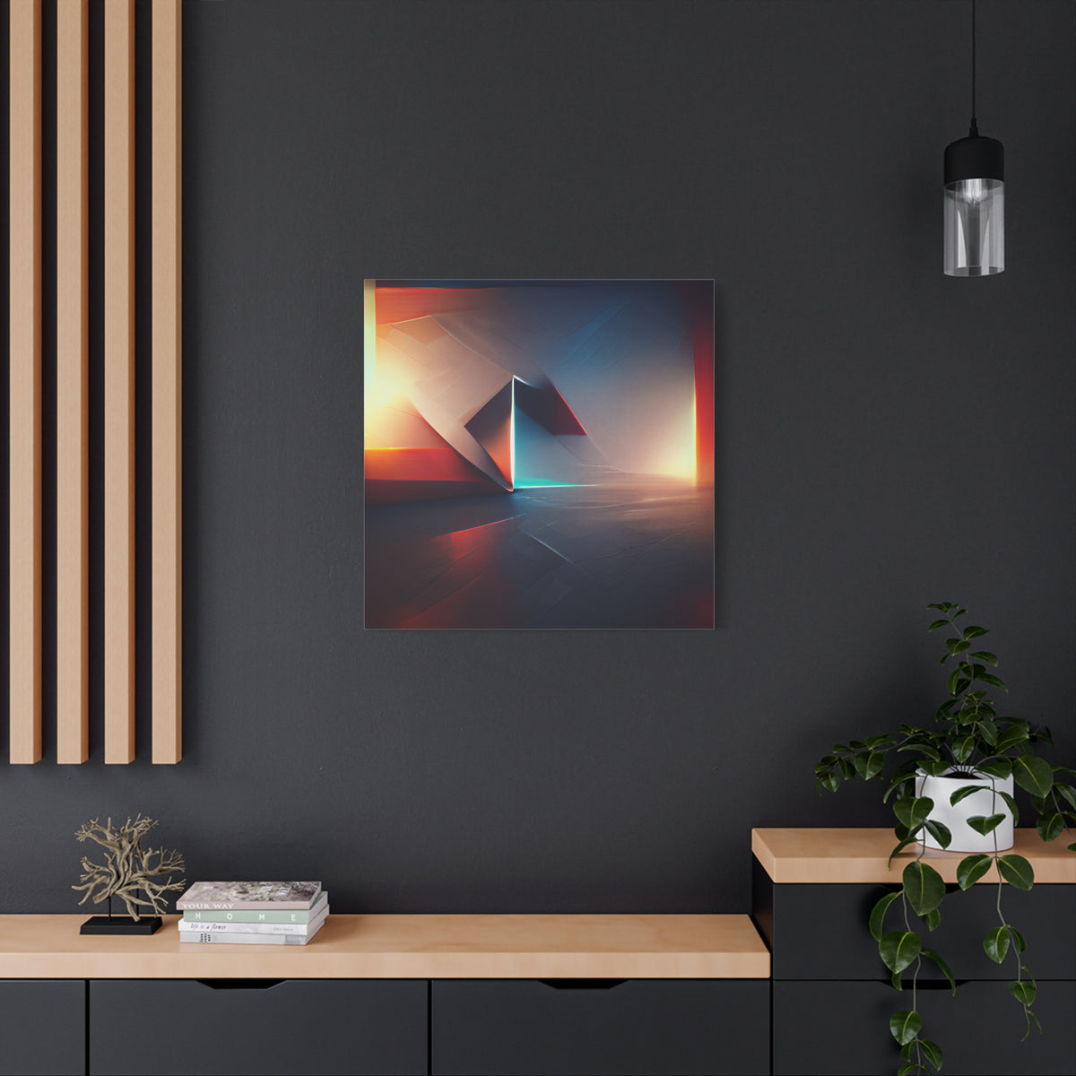 Threshold of Light — Luminous Geometric Abstract in Crimson, Indigo & Gold