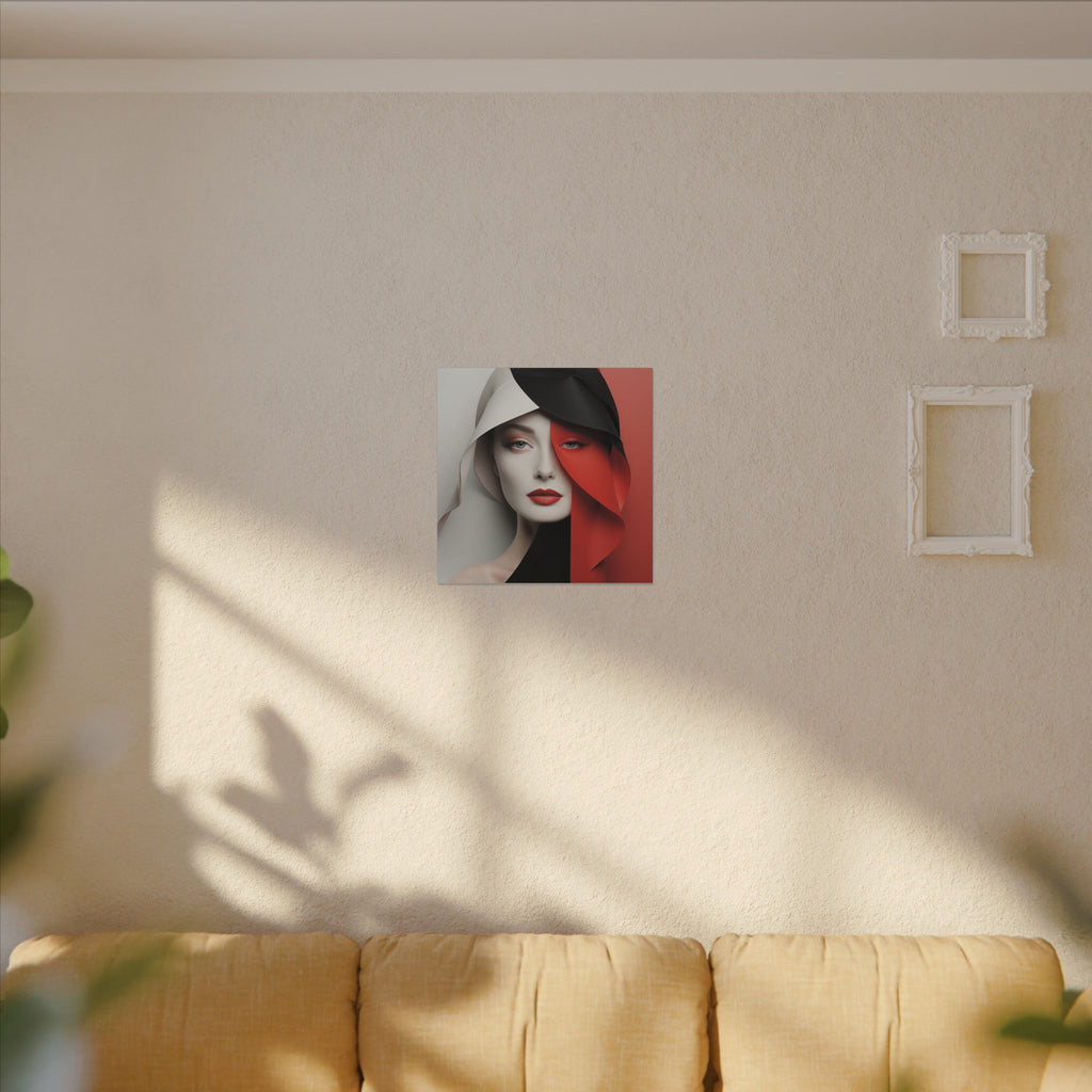 Split Poise – Modern Red Black Female Portrait Canvas Print