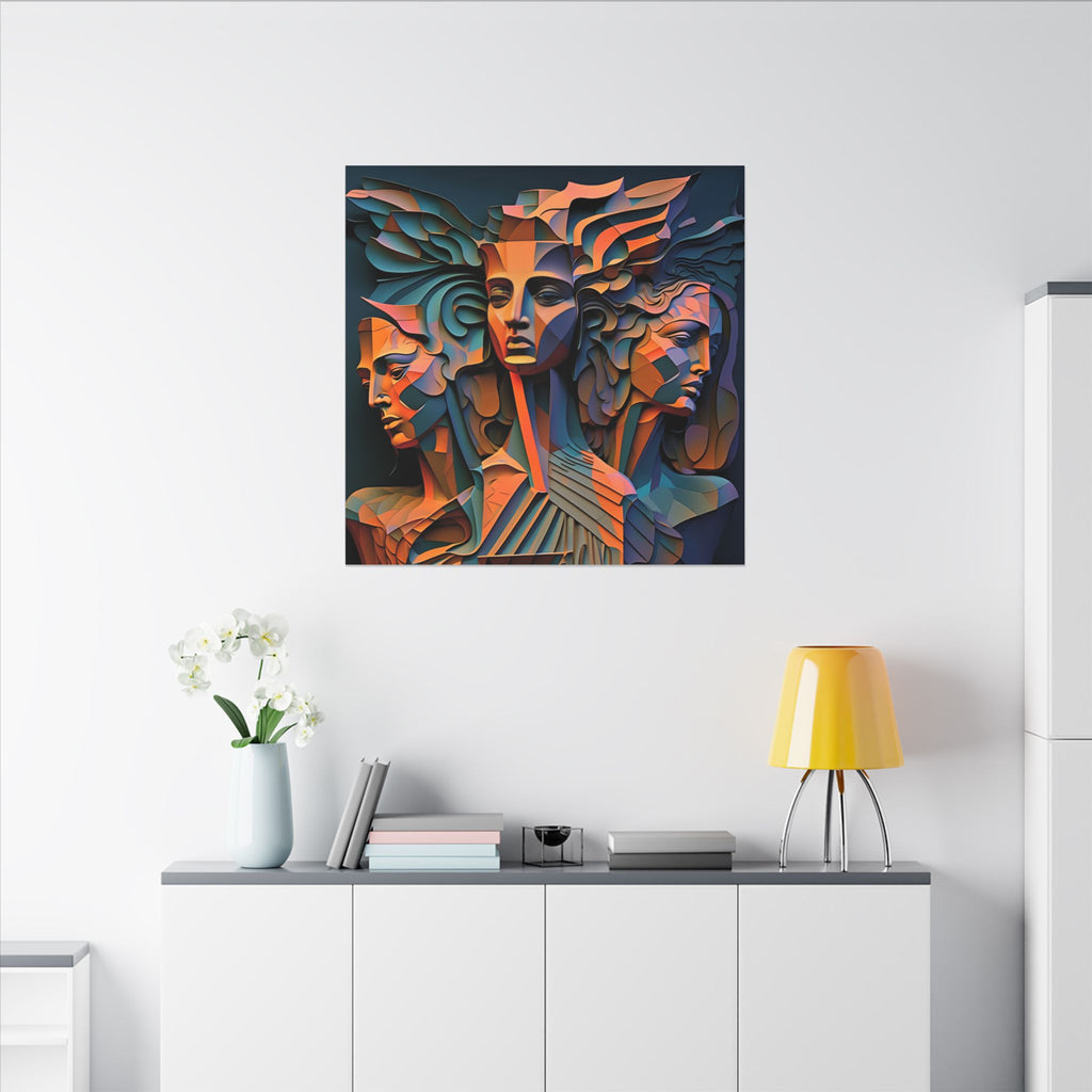 The Three Voices – Sculptural Geometric Triple Portrait Canvas Print
