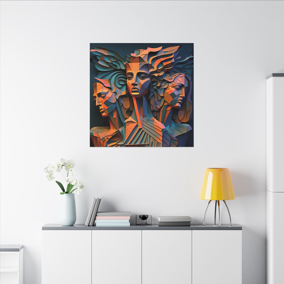 The Three Voices – Sculptural Geometric Triple Portrait Canvas Print