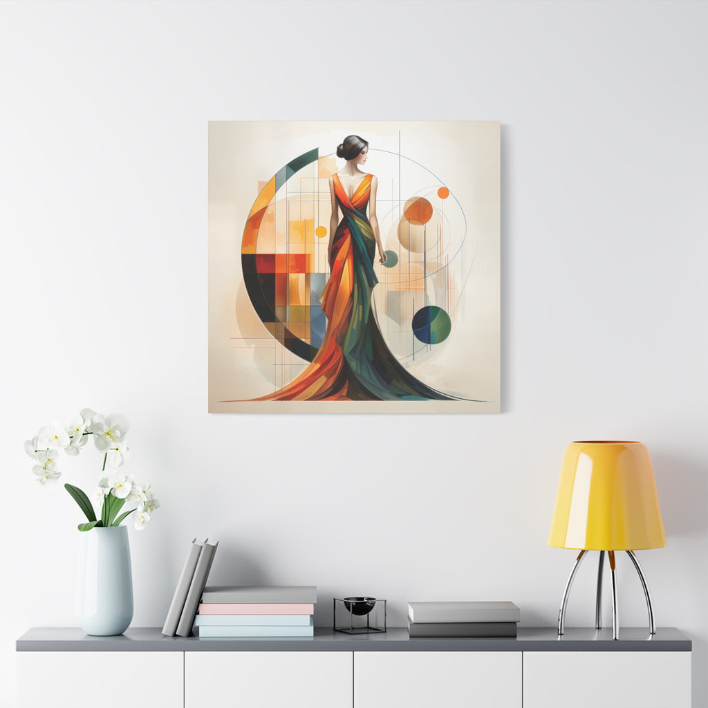 Chromatic Elegance — Abstract Geometric Fashion Portrait in a Flowing Couture Gown