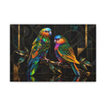 Two faceted, stained-glass–style parrots in jewel blues, greens, oranges and purples perched against a black background with gold geometric accents