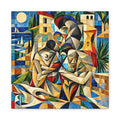 Three abstract cubist figures intertwined at center against a moonlit Mediterranean shoreline of cobalt, teal, ochre, ivory, deep red and black with geometric planes and a small