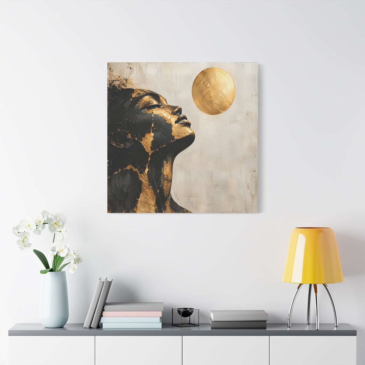 Golden Stillness — Modern Black & Gold Woman Portrait