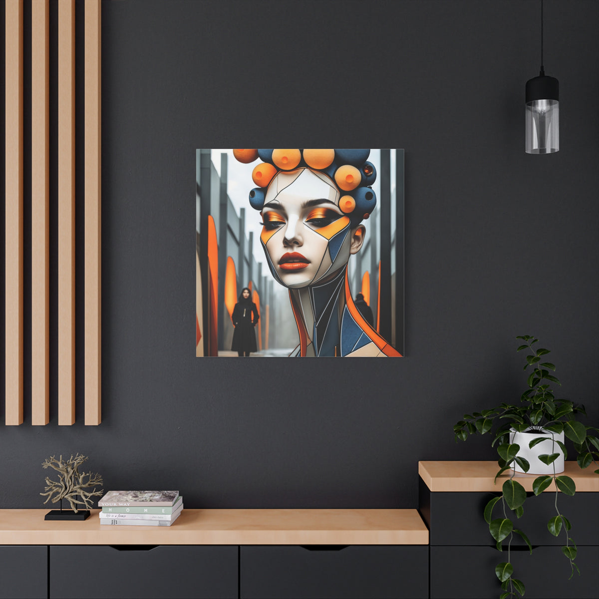 Future Icon — Futuristic Geometric Woman Portrait in Orange & Midnight Blue