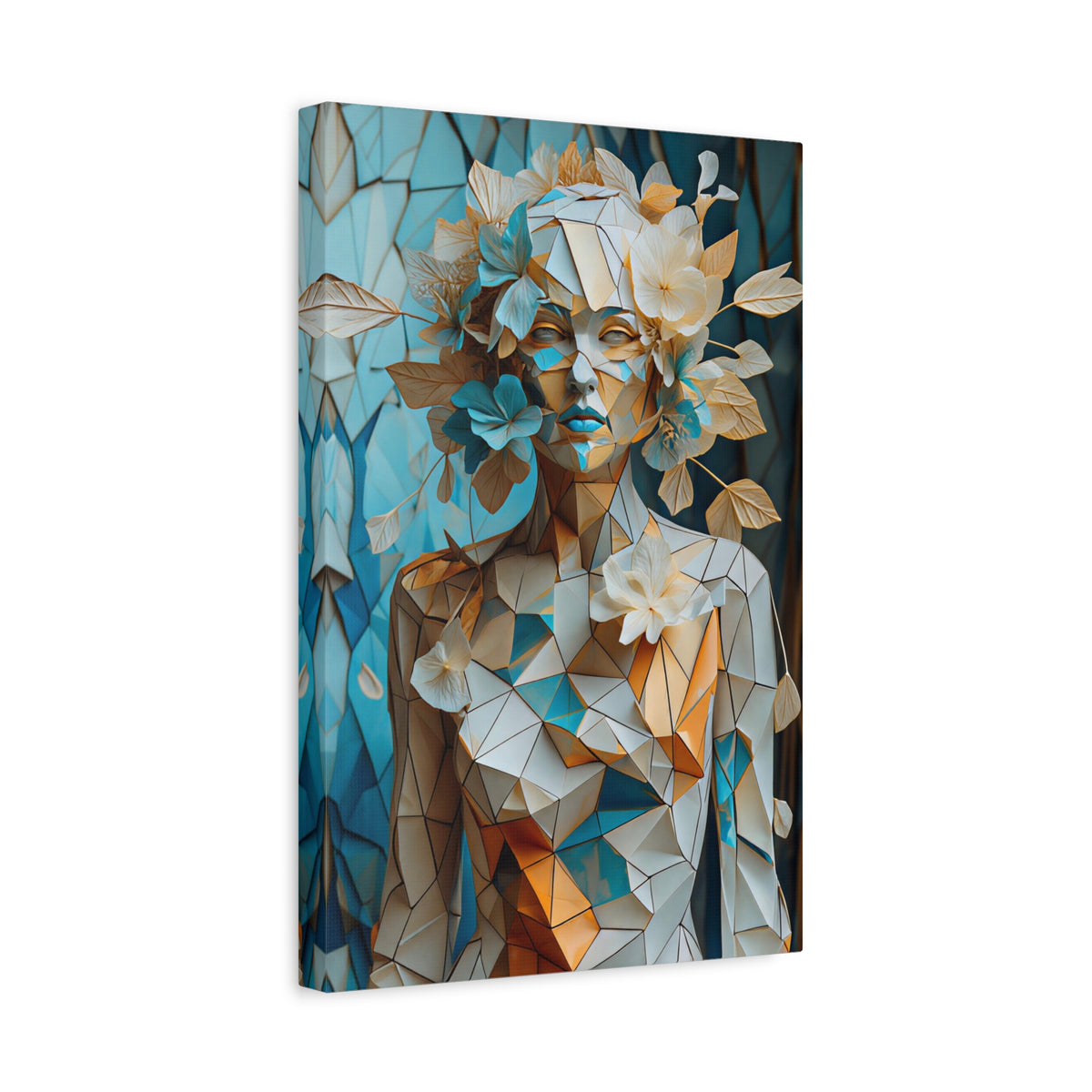 Blooming in Pieces — Geometric Floral Woman Portrait in Ivory, Turquoise & Gold