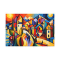 Village Between Sun & Moon — Colorful Cubist Coastal Landscape