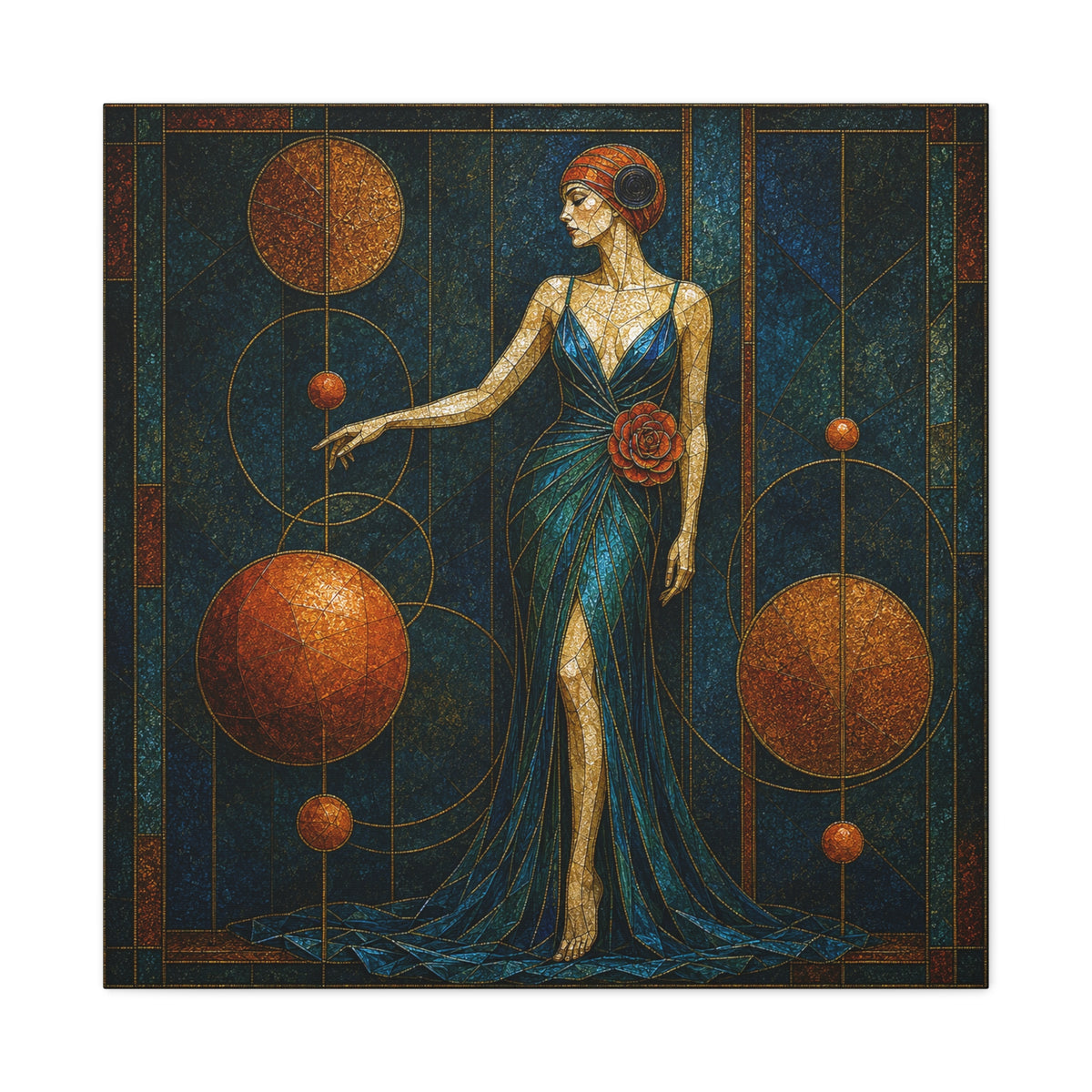 Celestial Rose — Art Deco Stained Glass Woman Canvas