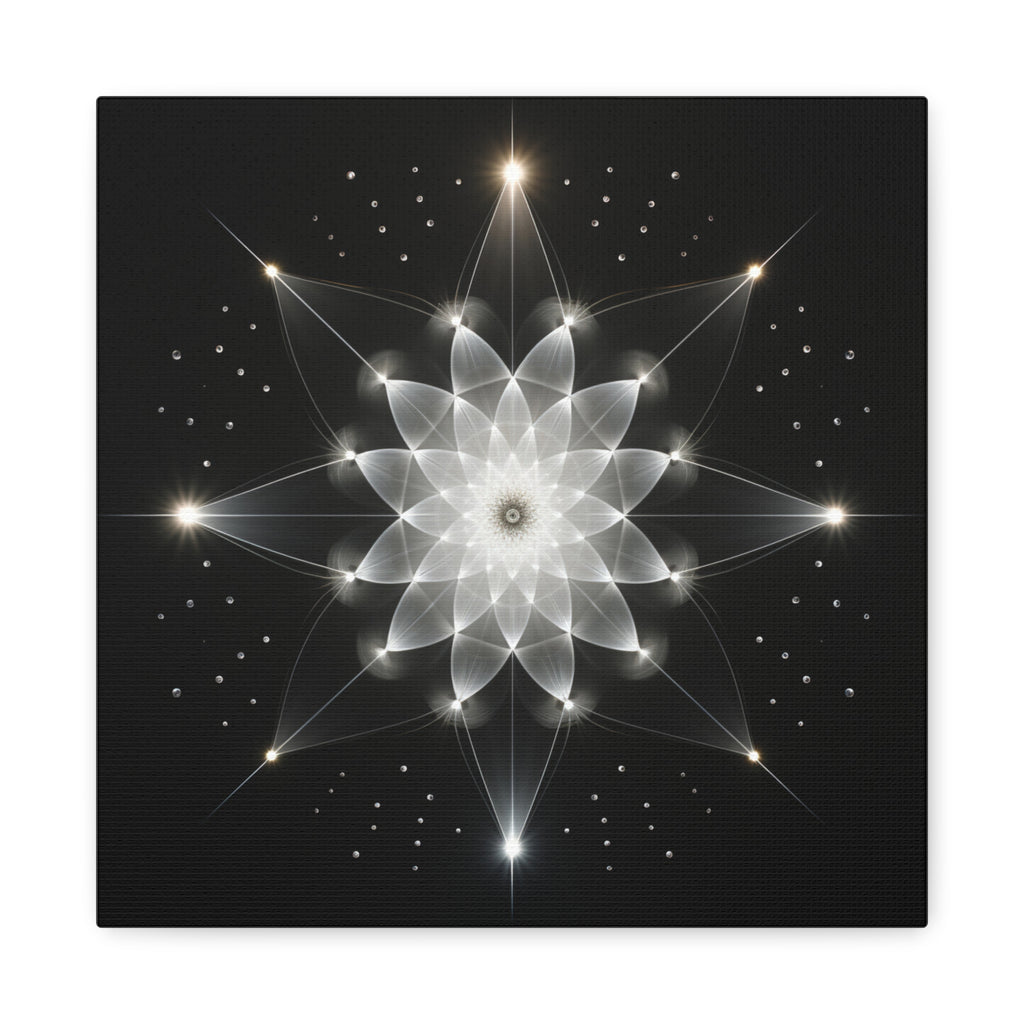 Symmetrical white floral mandala of translucent glowing petals with star-like points and geometric arcs on a deep black background.
