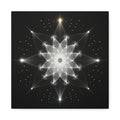 Symmetrical white floral mandala of translucent glowing petals with star-like points and geometric arcs on a deep black background.