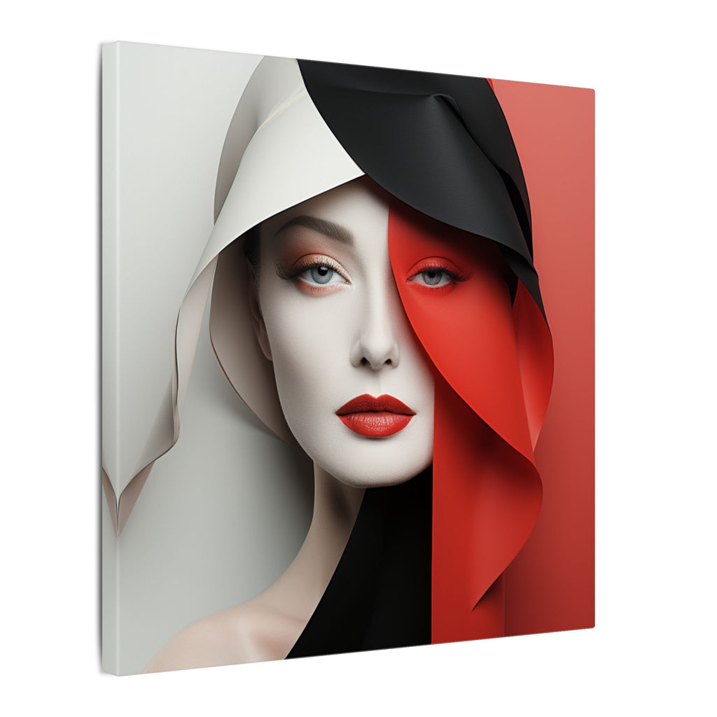 Split Poise – Modern Red Black Female Portrait Canvas Print