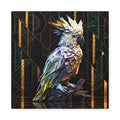 A square wall art print featuring a geometric, low-poly parrot in profile against an Art Deco-style black background with gold lines and marble-like vertical panels.