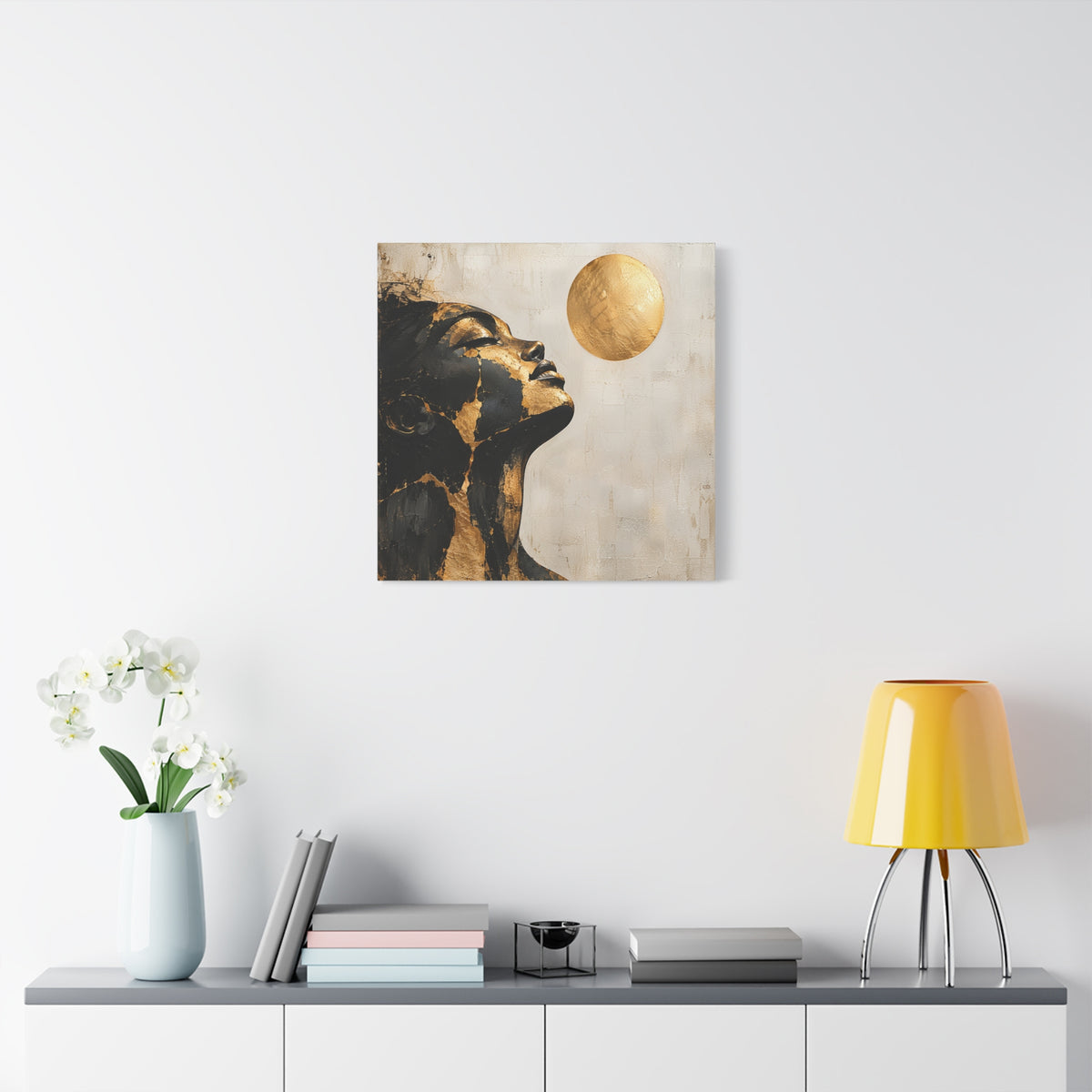 Golden Stillness — Modern Black & Gold Woman Portrait