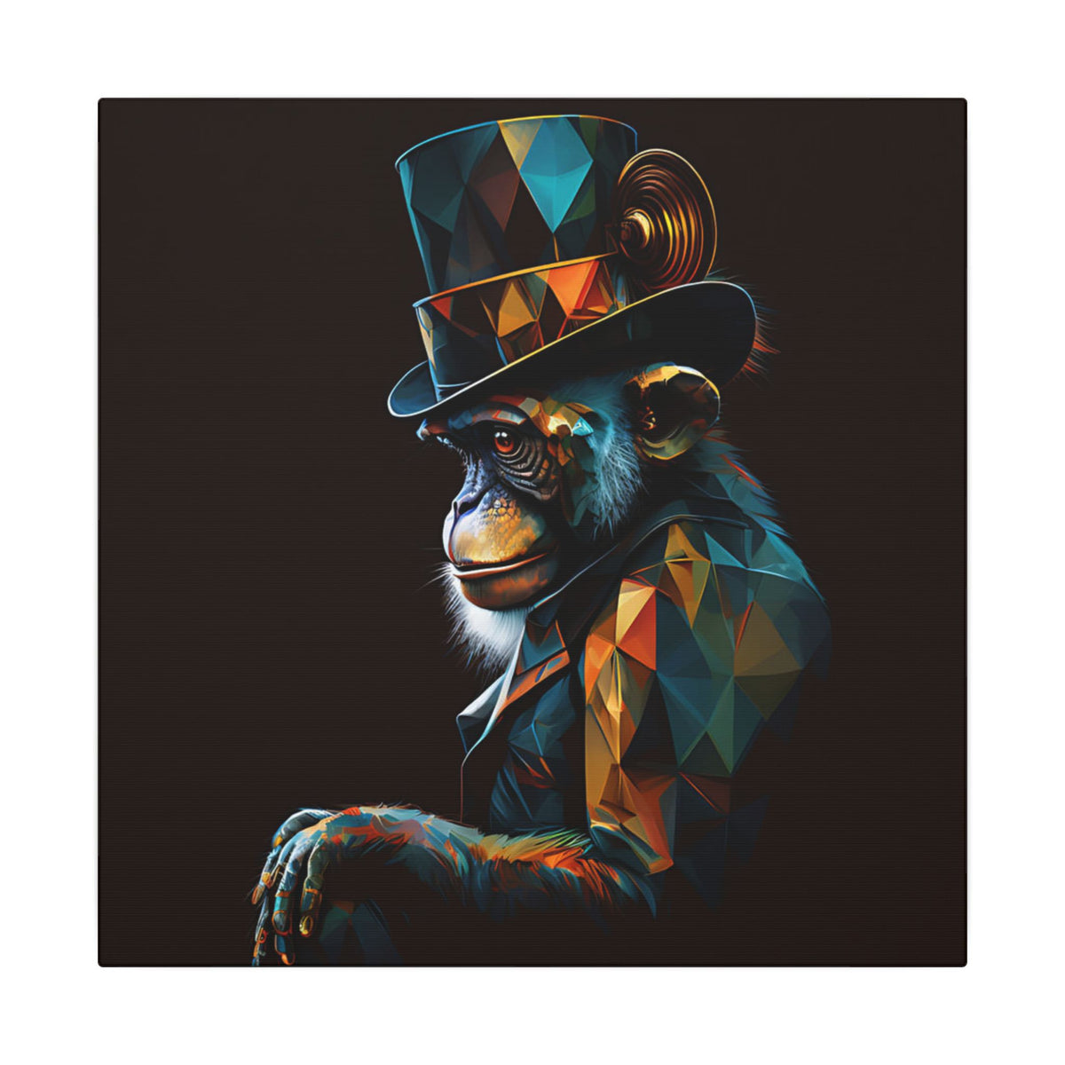 Profile portrait of a sharply dressed chimp in a geometric top hat and tailored jacket, in teal, amber, copper, orange, and deep black