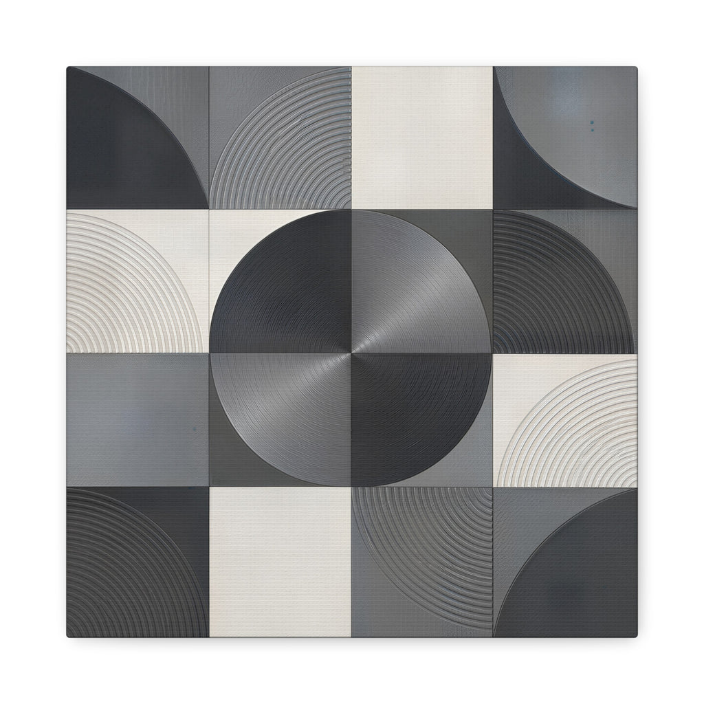 Minimalist geometric composition of a central charcoal circle surrounded by concentric arcs, semicircles and a grid in black, silver gray, soft white and warm ivory