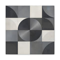 Minimalist geometric composition of a central charcoal circle surrounded by concentric arcs, semicircles and a grid in black, silver gray, soft white and warm ivory