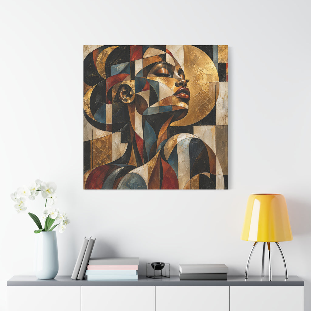 Gilded Perspective — Modern Cubist Woman Portrait Wall Art