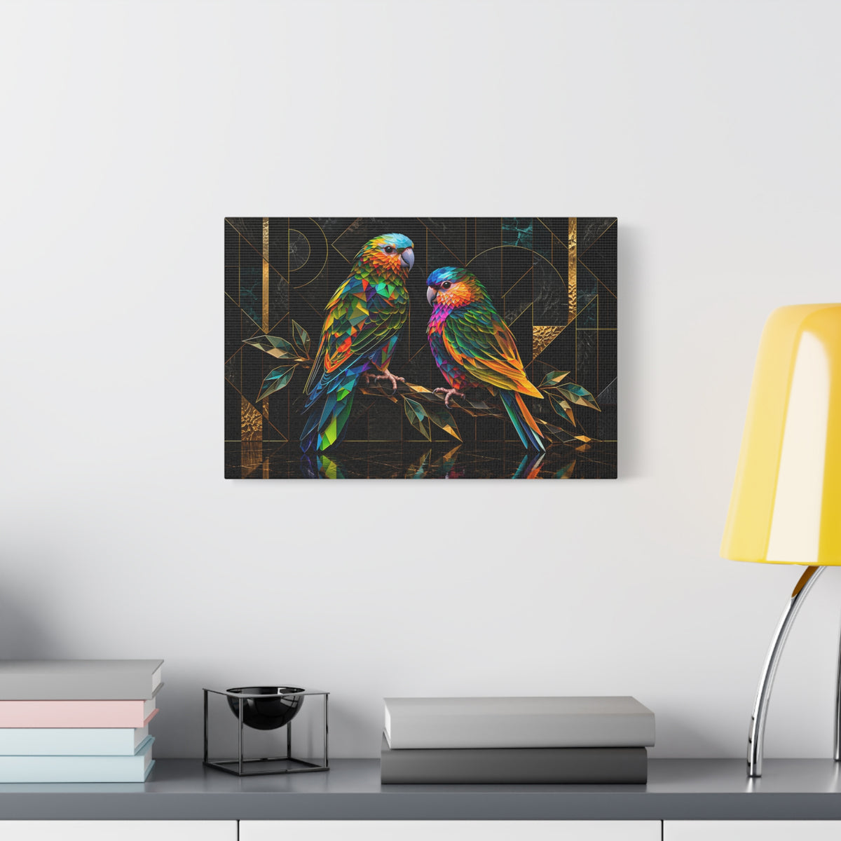 Prismatic Perch — Geometric Parrot Duo Wall Art