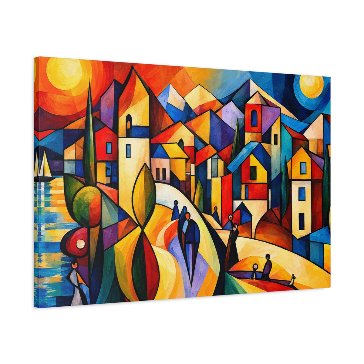 Village Between Sun & Moon — Colorful Cubist Coastal Landscape