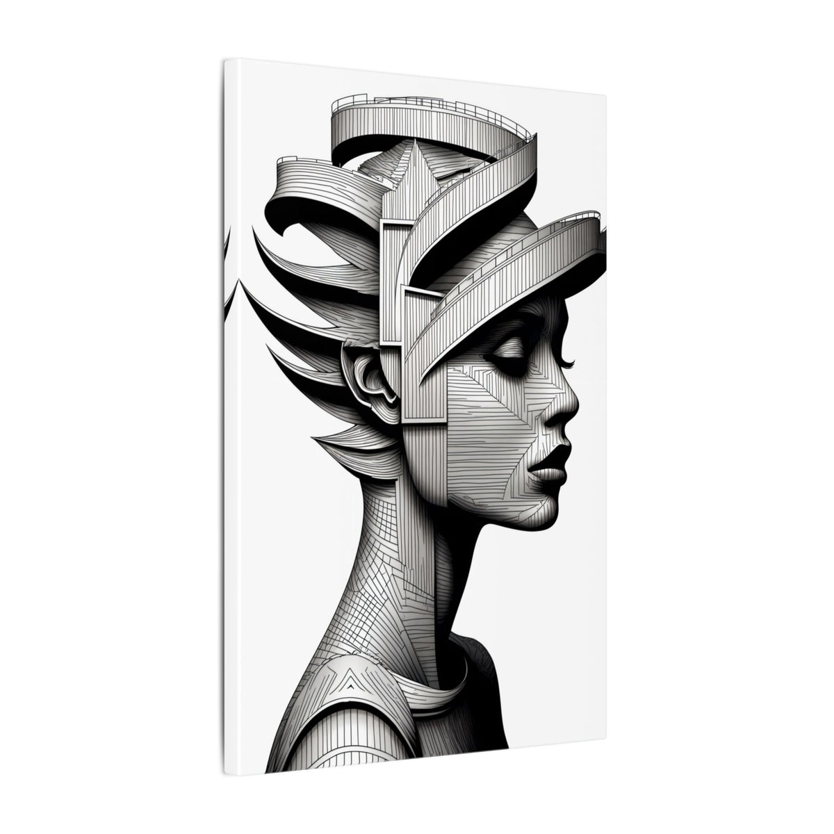 Architecture of Thought – Monochrome Futurist Portrait Canvas Print