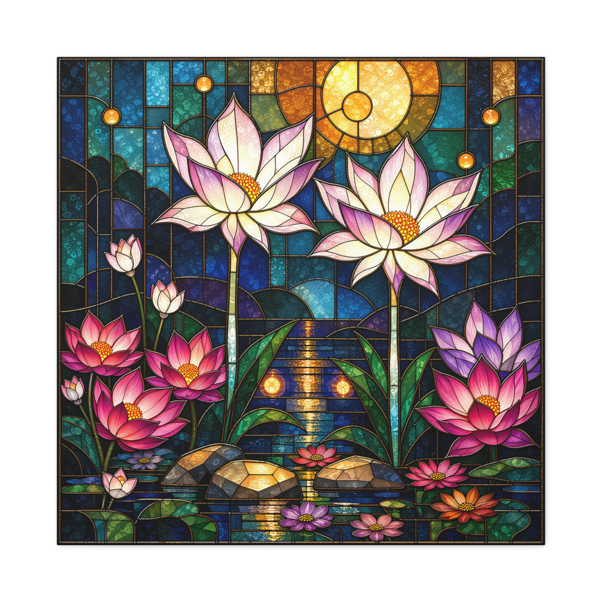 Moonlit Lotus Sanctuary — Stained Glass Floral Garden Wall Art