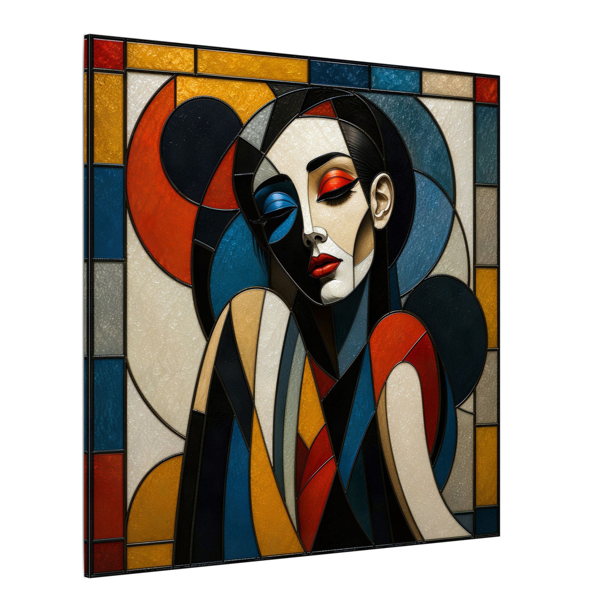 Split Between Colors – Geometric Stained Glass Woman Portrait Canvas Print