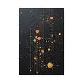 Elongated vertical black composition with concentric orbital rings, fine grid lines, glowing amber, gold, white and orange spheres and subtle blue arcs suggesting a planetary