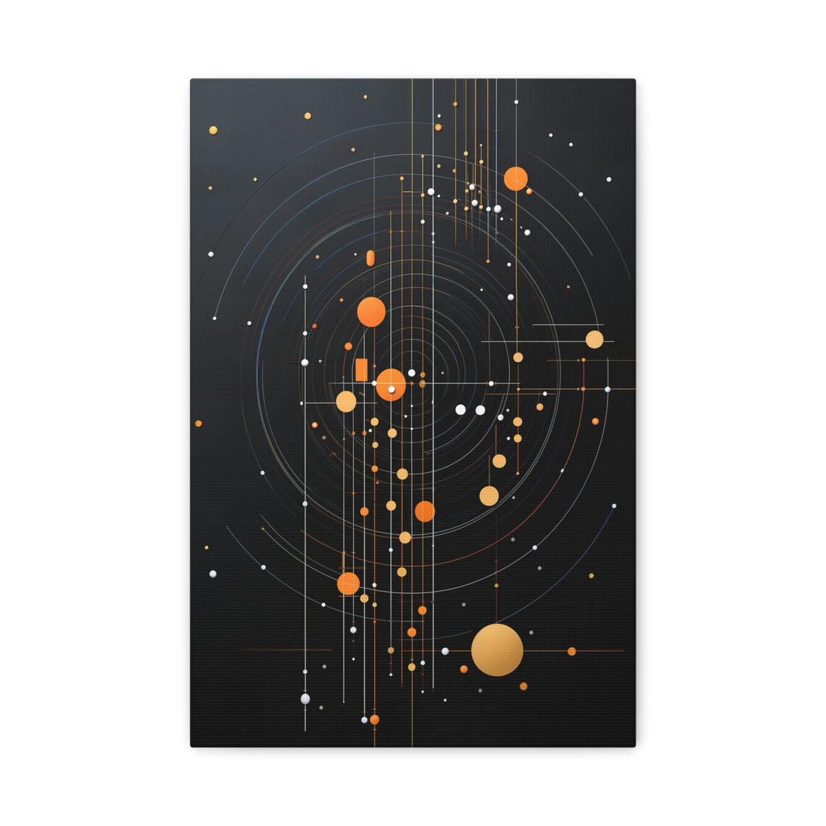 Elongated vertical black composition with concentric orbital rings, fine grid lines, glowing amber, gold, white and orange spheres and subtle blue arcs suggesting a planetary
