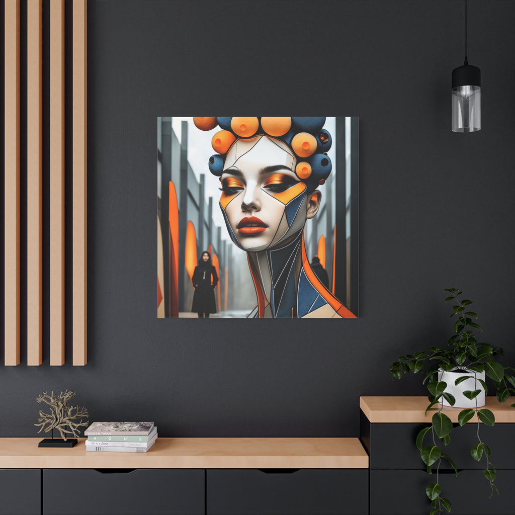 Future Icon — Futuristic Geometric Woman Portrait in Orange & Midnight Blue
