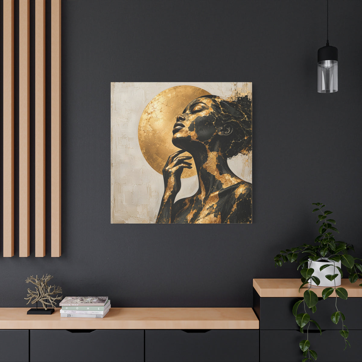 Crowned in Light — Modern Black & Gold Woman Portrait