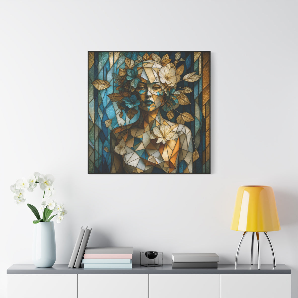 Where She Blooms — Modern Floral Stained Glass Woman Wall Art