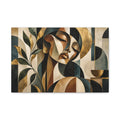 Serene cubist feminine portrait composed of layered geometric shapes in cream, taupe, charcoal and black, accented with luminous gold and a delicate botanical branch, with