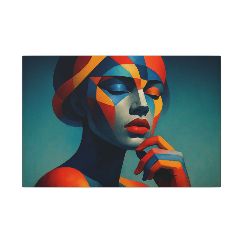 Geometric female portrait in teal, orange, red, navy, and gold with face rendered as clean, layered color planes and a calm, thoughtful pose.