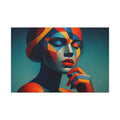 Geometric female portrait in teal, orange, red, navy, and gold with face rendered as clean, layered color planes and a calm, thoughtful pose.