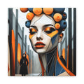 Futuristic geometric female portrait in saturated orange and midnight blue with ivory and black, stylized elongated features and sharp contours